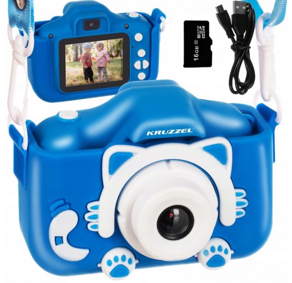 Aparat foto digital pentru copii jocuri + 16 GB micro SD | albastru are 6 functii diferite: modul camera, modul inregistrare, redare, jocuri si altele.