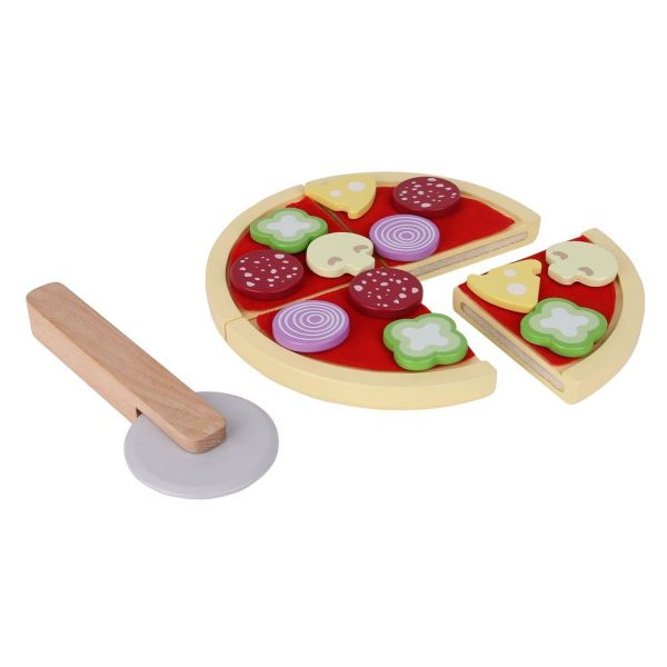 Pizza și ingrediente din lemn Bucățile de pizza sunt atașate una de cealaltă cu Velcro Jucăria este complet sigură pentru copii Concepută pentru copii începând cu vârsta de 2 ani