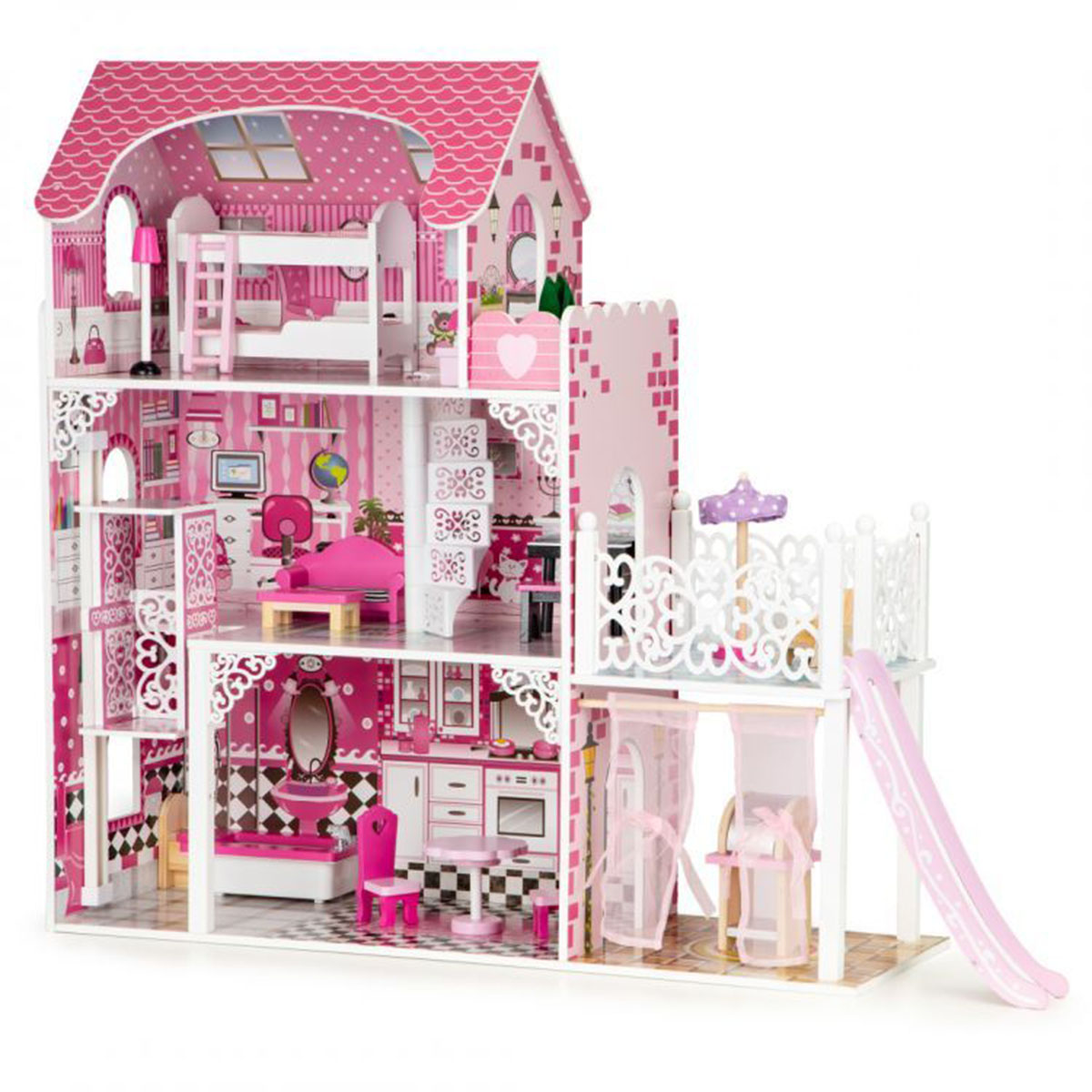 Casa de păpuși din lemn cu tobogan XXL | roz