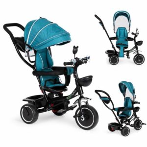 Tricicleta cu scaun rotativ in albastru combina multe solutii practice care vor asigura copilului tau o joaca confortabila si sigura.