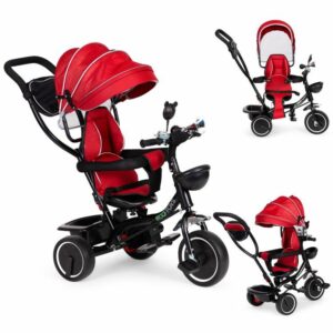 Tricicletă cu scaun pivotant - roșu | Model: JM-066-9 RED combină multe soluții practice care asigură o joacă confortabilă și sigură pentru copilul tău.