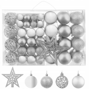 Ornamente de Crăciun + stea 100pcs | argintiu