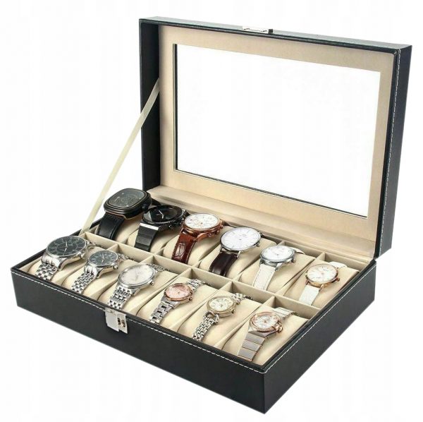 Organizator ceasuri | 12 compartimente - este grozav nu numai pentru depozitarea ceasurilor, ci și a brățărilor și a altor bijuterii. Potrivit atât pentru femei, cât și pentru bărbați.