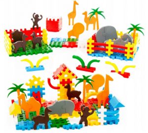 Trusa pentru copii - ZOO animale 235 buc - girafă, elefant, leu, maimuță, rinocer, lamă, urs, cămilă, copaci, palmieri, garduri.