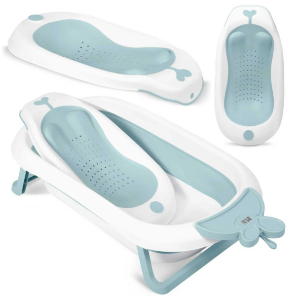 Cada de baie pentru bebelusi cu termometru, albastra | RK-282 face ca părinții să manipuleze mai ușor copilul în timpul spălării, oferind suport stabil, siguranță și confort.