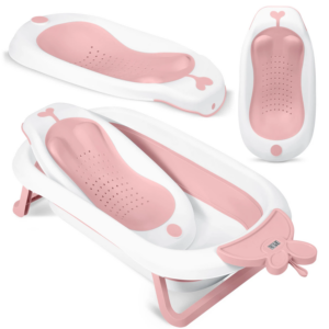 Cada de baie pentru bebelusi cu termometru, roz | RK-282 face ca părinții să manipuleze mai ușor copilul în timpul spălării, oferind suport stabil, siguranță și confort.