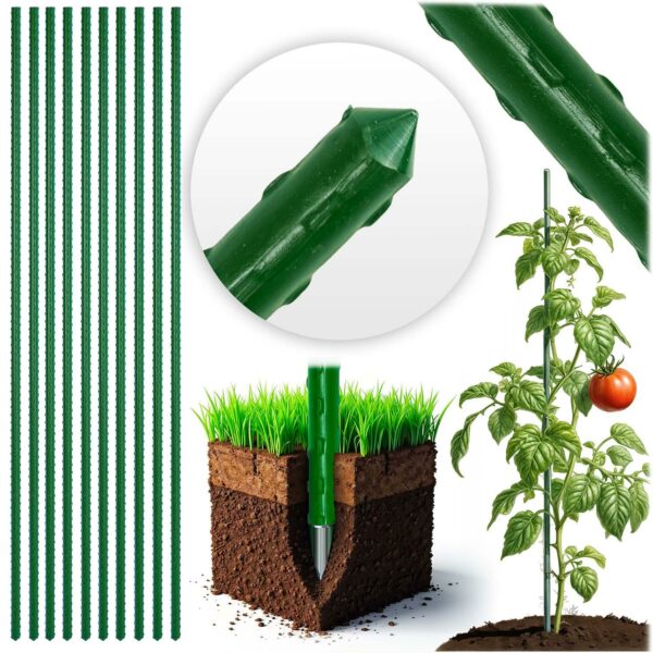Stâlp de susținere a plantelor PL-940, 10 buc, 150 cm, verde | Plonos oferă suport fiabil pentru plante precum roșiile, fasolea și florile.