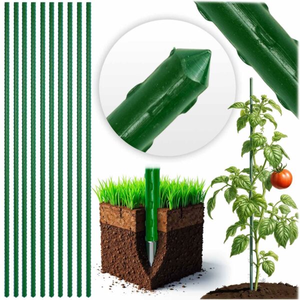 Stâlp de susținere a plantelor PL-940, 10 buc, 180 cm, verde | Plonos oferă suport fiabil pentru plante precum roșiile, fasolea sau florile.