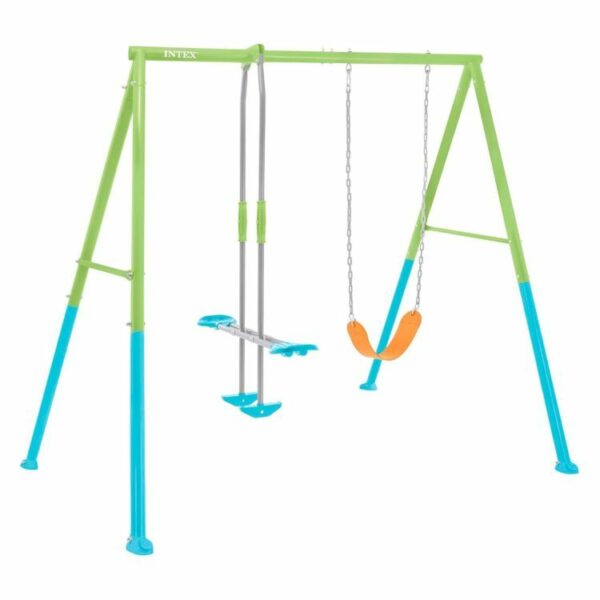 Balansoar de grădină 2 în 1, albastru-verde | INTEX este ideal pentru familiile care doresc să creeze un loc de joacă sigur și distractiv chiar în grădina lor.