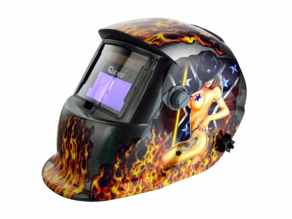Mască de sudură cu autoîntunecare PROFI FLAME | GEKO este conceput pentru a proteja ochii și fața în timpul sudării, de scântei, stropi și radiații UV și IR dăunătoare.
