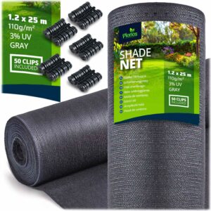 Plasă de umbrire + 50 cleme, 110g/m2, 1,2x25m, gri | Plonos vă va oferi protecție fiabilă împotriva soarelui, vântului și privirilor curioși din grădină sau balcon.