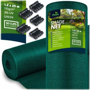 Plasă de umbrire + 50 cleme, 110g/m2, 1,2x25m, verde | Plonos vă va oferi protecție fiabilă împotriva soarelui, vântului și privirilor curioși din grădină sau balcon.