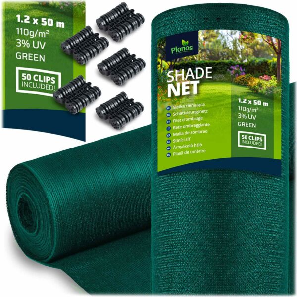 Plasă de umbrire + 50 cleme, 110g/m2, 1,2x50m, verde | Plonos vă va oferi protecție fiabilă împotriva soarelui, vântului și privirilor curioși din grădină sau balcon.