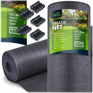 Plasă de umbrire + 50 cleme, 140g/m2, 1,2x25m, gri | Plonos vă va oferi protecție fiabilă împotriva soarelui, vântului și privirilor curioși din grădină sau balcon.