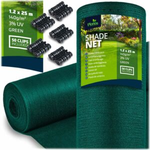 Plasă de umbrire + 50 cleme, 140g/m2, 1,2x25m, verde | Plonos vă va oferi protecție fiabilă împotriva soarelui, vântului și privirilor curioși din grădină sau balcon.