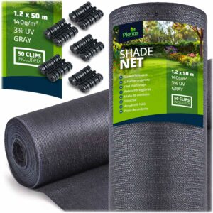 Plasă de umbrire + 50 cleme, 140g/m2, 1,2x50m, gri | Plonos vă va oferi protecție fiabilă împotriva soarelui, vântului și privirilor curioși din grădină sau balcon.