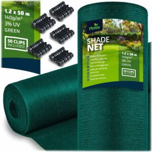 Plasă de umbrire + 50 cleme, 140g/m2, 1,2x50m, verde | Plonos vă va oferi protecție fiabilă împotriva soarelui, vântului și privirilor curioși din grădină sau balcon.
