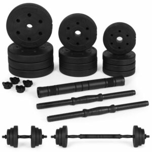 Set de două gantere reglabile | 2x10kg este un instrument universal de antrenament care îți permite să treci de la gantere cu o singură mână la o bară scurtă.