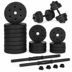 Set de două gantere reglabile | 2x15kg este o soluție universală pentru antrenamentul de forță la domiciliu, permițând ajustarea ușoară a încărcăturii.
