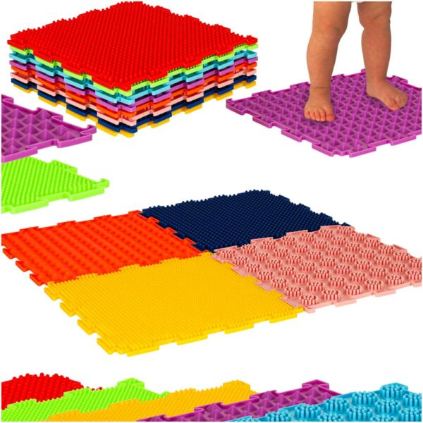 Covorașul Senzorial Montessori, 8 buc | Colorat stimulează percepția senzorială, abilitățile motorii și susține circulația sângelui folosind module colorate cu texturi diferite.