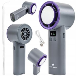 Ventilator portabil fără fir, gri-violet | Velano, cu trei viteze și încărcare USB practică, oferă răcorire oriunde te-ai mișcat.