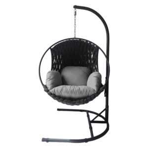 Scaunul suspendat TABANI, 120 kg | Negru, cu o pernă confortabilă gri închis, este un plus robust și elegant pentru relaxarea dvs.