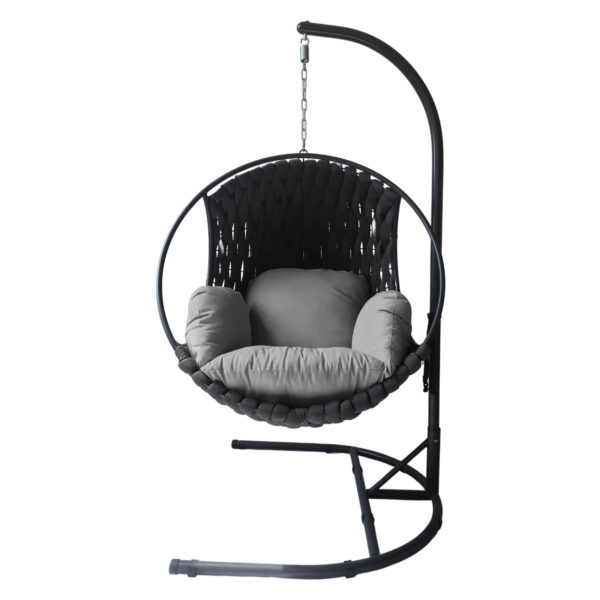 Scaunul suspendat TABANI, 120 kg | Negru, cu o pernă confortabilă gri închis, este un plus robust și elegant pentru relaxarea dvs.