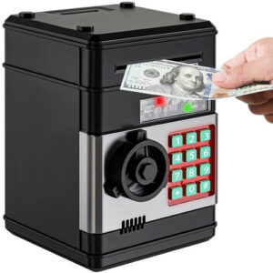 Seif electronic cu încuietoare, negru | Kruzzel oferă inserarea realistă a monedelor și bancnotelor, combinând distracția cu învățarea alfabetizării financiare.