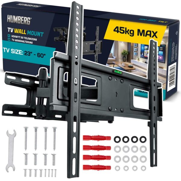 Suportul TV 23-60″, 45kg | Humberg susține televizorul ferm și sigur, permițând în același timp o înclinare și o rotire confortabile.