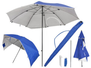 Umbrela de plajă 2 în 1, 208 cm | Albastră, combină funcțiile unei umbrele de soare și ale unui paravânt, oferind o protecție completă împotriva soarelui și a vântului.