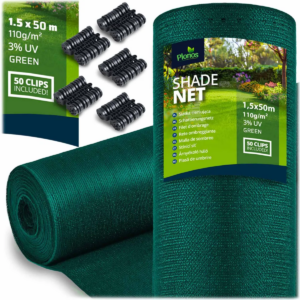 Plasă de umbrire + 50 cleme, 110g/m2, 1.5x50m, verde | Plonos vă va oferi protecție fiabilă împotriva soarelui, vântului și privirilor curioși în grădină sau pe balcon.