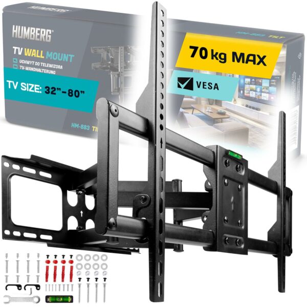 Suportul TV 32-80″, 70kg | Humberg susține televizorul ferm și sigur, permițând în același timp o înclinare și o rotire confortabile.