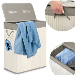 Coș de rufe din bambus cu capac, 100L, alb | Massido oferă o soluție elegantă pentru depozitarea rufelor murdare în casă.