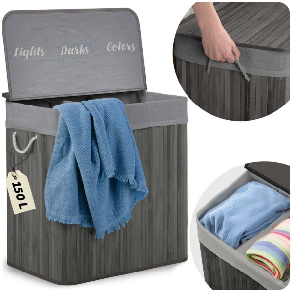 Coș de rufe din bambus cu capac, 150L, gri | Massido oferă o soluție elegantă pentru depozitarea rufelor murdare în casă.