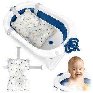 Cădiță pliabilă pentru bebeluși RK-286, alb-albastru | Ricokids cu pernă moale și termometru asigură o baie confortabilă și sigură acasă și în deplasare.