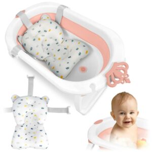 Cădiță pliabilă pentru bebeluși RK-286, alb-roz | Ricokids cu pernă moale și termometru asigură o baie confortabilă și sigură acasă și în deplasare.