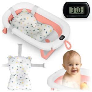Cădiță pliabilă pentru bebeluși RK-287, alb-roz | Ricokids cu pernă moale și termometru asigură o baie confortabilă și sigură acasă și în deplasare.