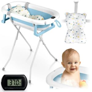 Cădiță pliabilă pentru bebeluși cu suport RK-287, alb-albastru | Ricokids cu pernă moale și termometru asigură o baie confortabilă și sigură.