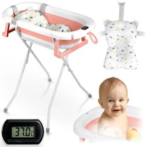 Cădiță pliabilă pentru bebeluși cu suport RK-287, alb-roz | Ricokids cu pernă moale și termometru asigură o baie confortabilă și sigură.