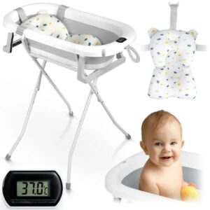 Cădiță pliabilă pentru bebeluși cu suport RK-287, alb-gri | Ricokids cu pernă moale și termometru asigură o baie confortabilă și sigură.