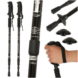 Bețele de trekking, 135cm | negre sunt potrivite atât pentru mersul nordic, cât și pentru drumeții, oferind suport și confort atunci când vă deplasați în natură.
