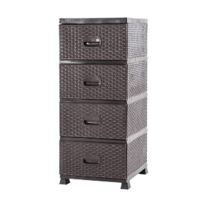 Comoda, ratan, 38x45x90cm, maro | 4 sertare este o soluție practică și elegantă pentru organizarea casei, potrivită pentru baie, bucătărie sau hol.