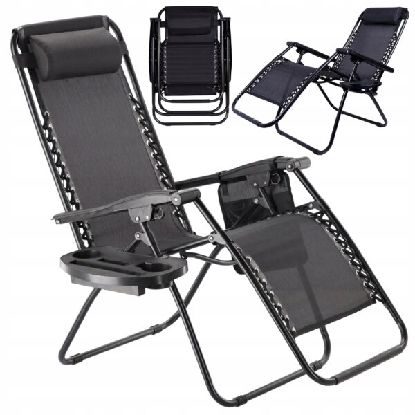 Șezlongul pliabil cu masă, negru | Garden Line oferă o soluție confortabilă și practică pentru relaxare în grădină, terasă sau în timpul campingului.
