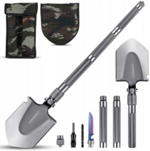 Lopata multifuncțională 16 în 1 | KD10657 este o unealtă practică ce combină o lopată, un ferăstrău și alte unelte, ideală pentru camping și situații de urgență pe teren.