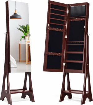 Oglinda verticală cu cutie de bijuterii 2 în 1, LED | maro oferă depozitare clară și sigură a bijuteriilor și accesoriilor, economisind în același timp spațiu în interior.