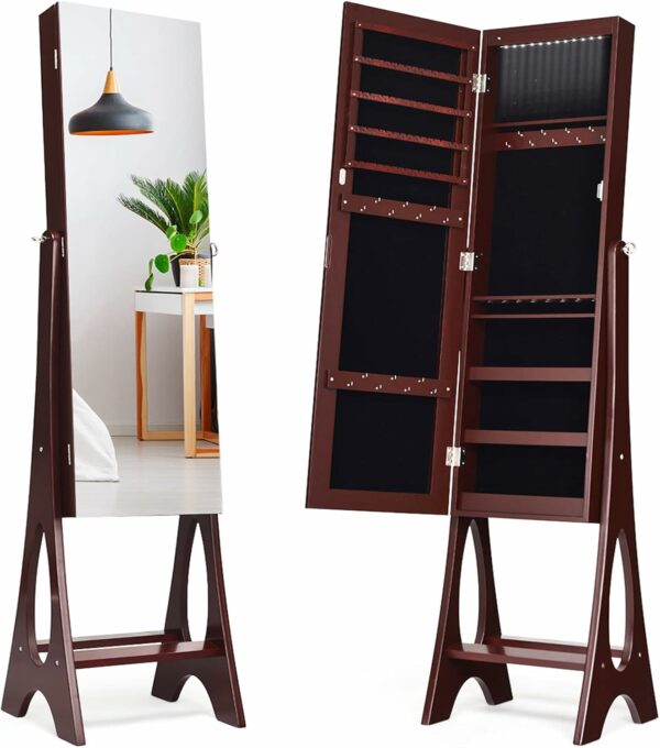 Oglinda verticală cu cutie de bijuterii 2 în 1, LED | maro oferă depozitare clară și sigură a bijuteriilor și accesoriilor, economisind în același timp spațiu în interior.