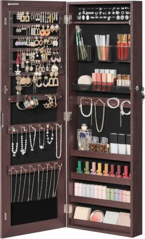 Oglinda de perete 2 în 1 cu cutie de bijuterii, maro | Songmics oferă un spațiu practic de depozitare pentru accesorii, economisind spațiu și protejând conținutul de praf.