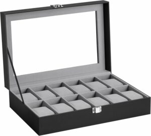 Organizatorul de ceasuri, Negru-Gri | Songmics oferă o aranjare clară, protecție fiabilă și un aspect elegant pentru fiecare colecție.