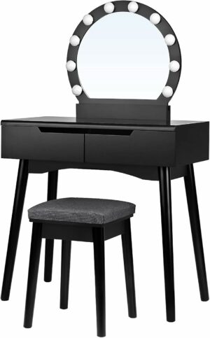 Masă de toaletă cu iluminare și taburet, neagră | Songmics oferă un loc practic și elegant pentru îngrijirea zilnică și depozitarea cosmeticelor sau accesoriilor.