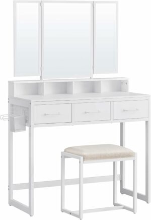 Masă de toaletă cu taburet și oglindă | albă cu spațiu de depozitare combină caracterul practic și designul elegant pentru machiajul și îngrijirea de zi cu zi.
